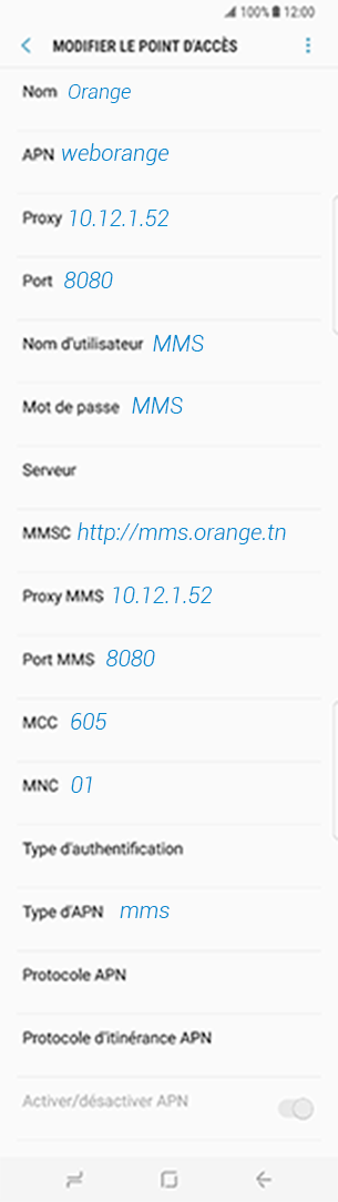 configuration MMS Orange Tunisie HTC Desire 820