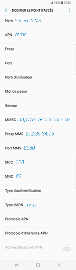 configuration MMS Sunrise Alcatel Pop Astro